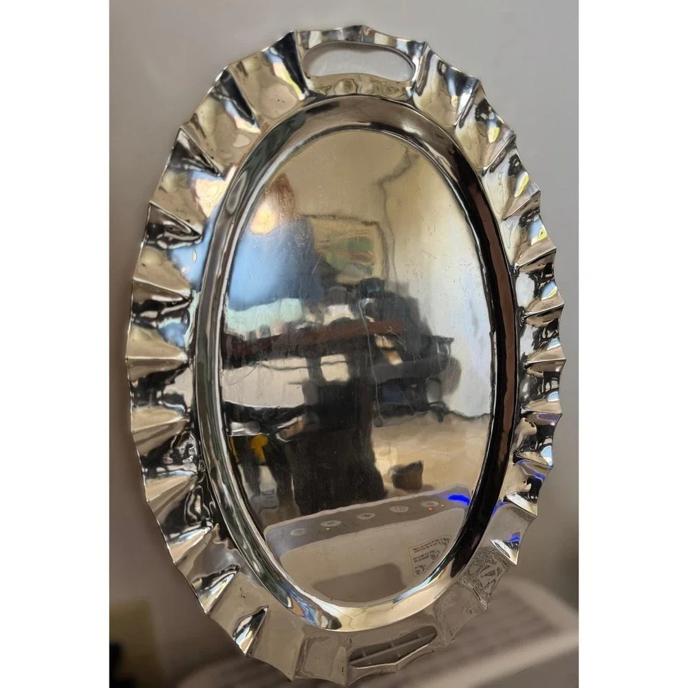 Vintage Juventino Lopez Reyes - Sterling Silver Scalloped Oval Tray - Mexico JLR